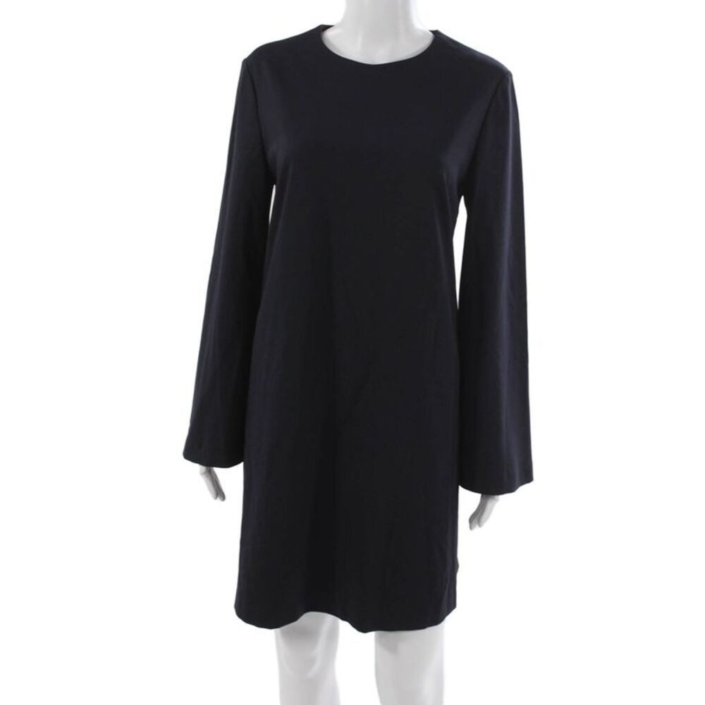 Sharis Womens Blue Viscose Short Shift Dress Long Sleeve Crew Neck Zip Size 44